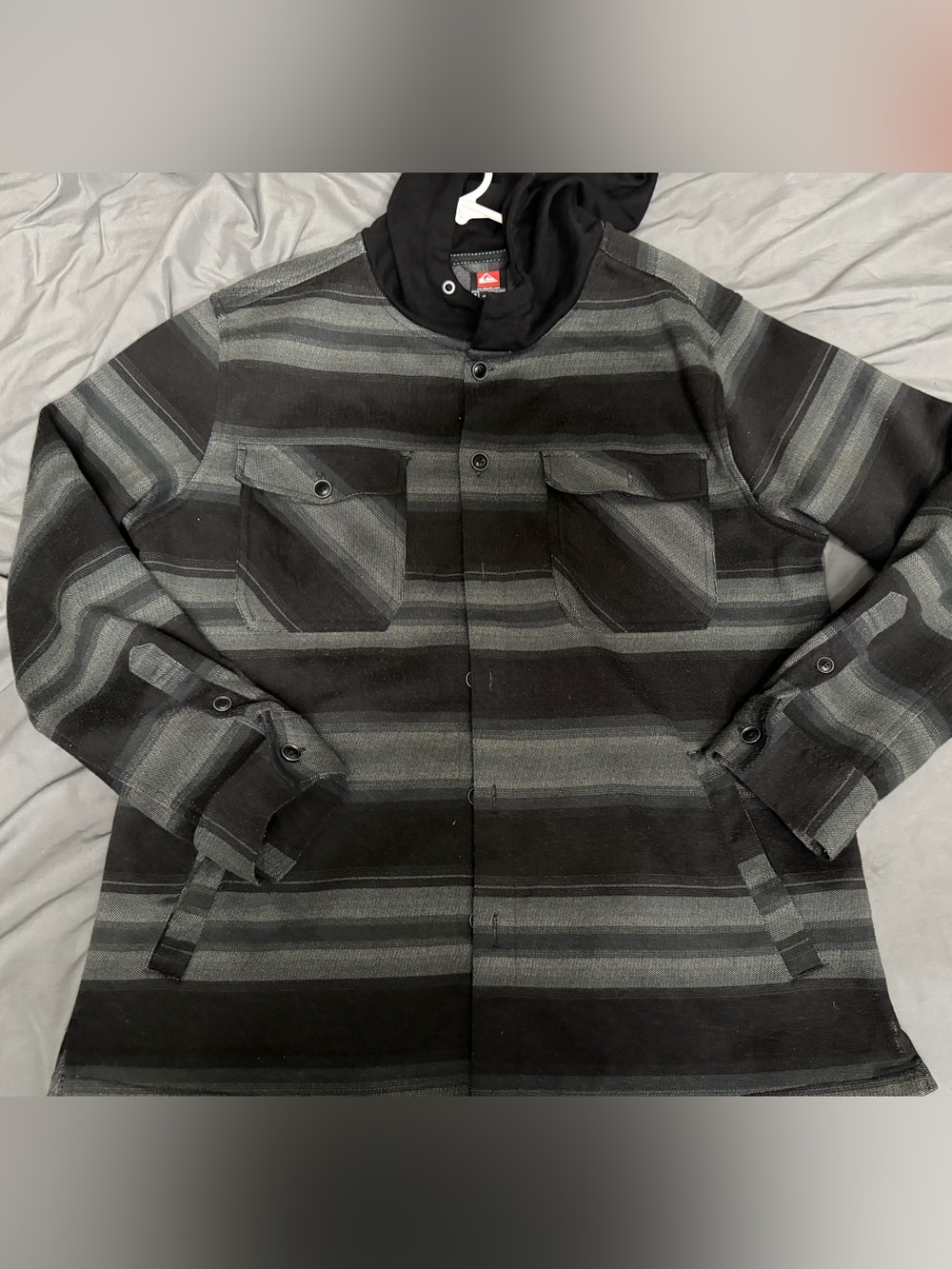 Quiksilver Black and Gray Striped Hooded Shirt Jacket